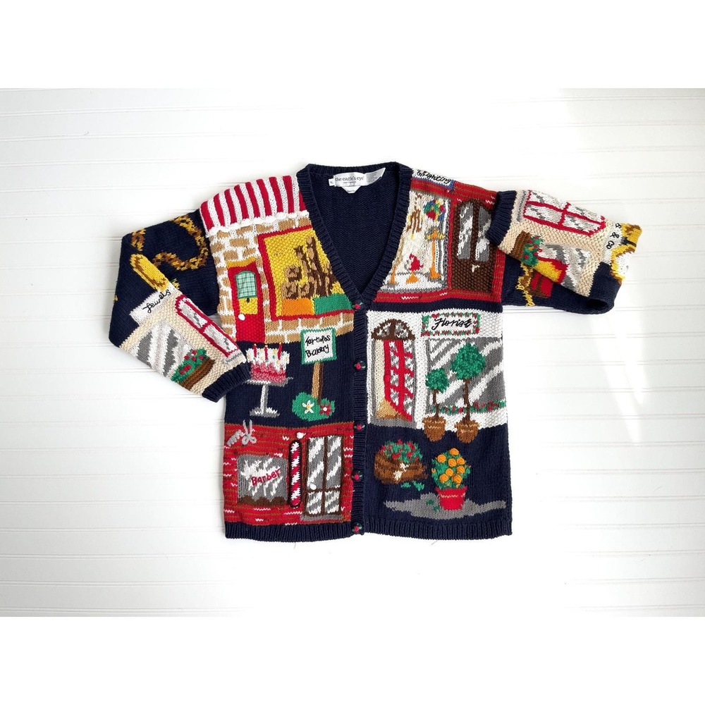 vtg Eagles Eye bakery florist barber shop novelty hand knit cardigan‎ sweater XL